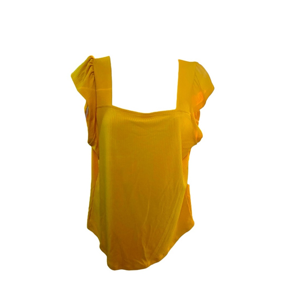 a.n.a Zinnia Gold Ribbed Knit Top w/ Ruffle Cap-Sleeves, Size Large, NWT